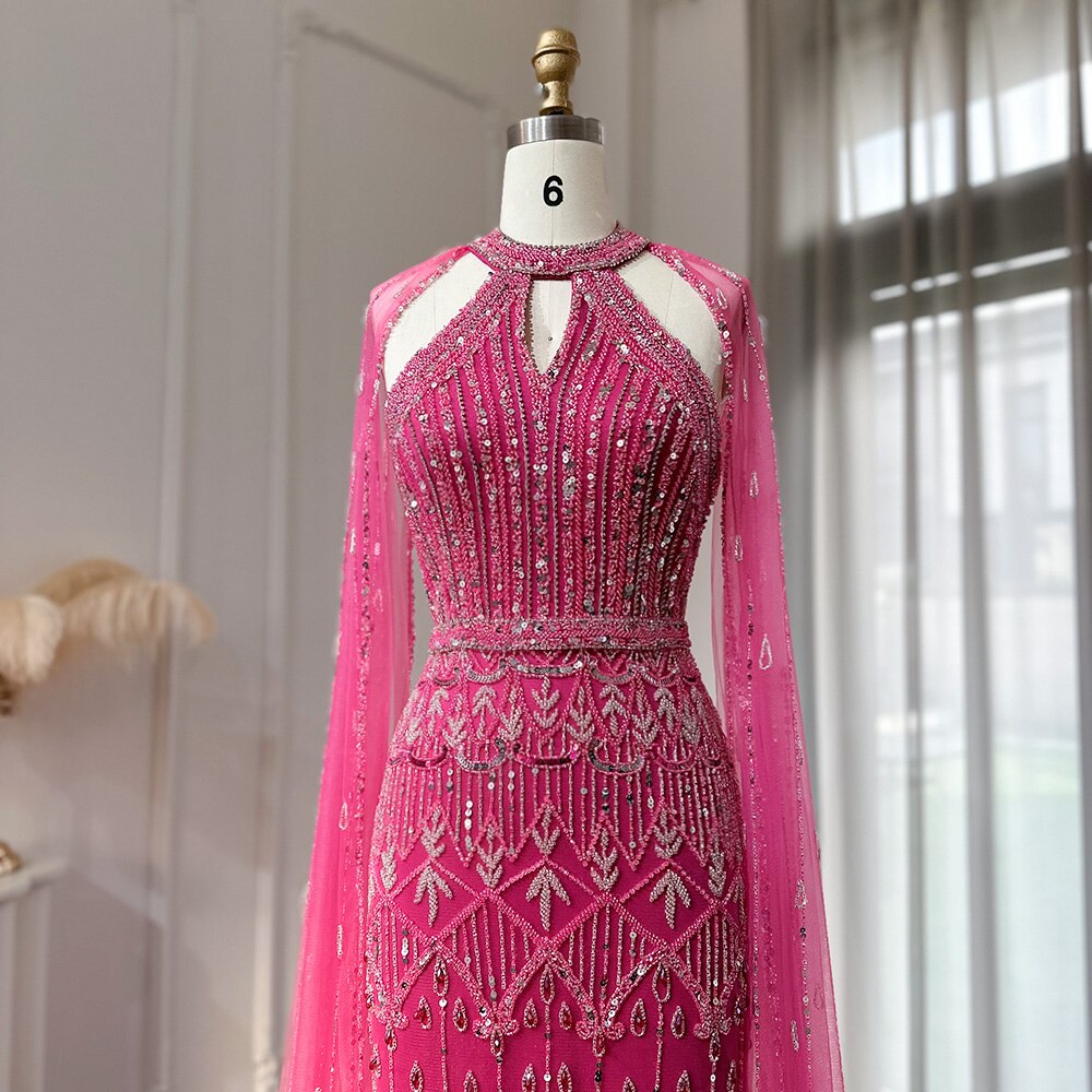 Luxury Mermaid Pink Evening Dress with Cape Sleeves SS361