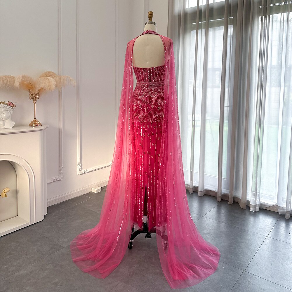 Luxury Mermaid Pink Evening Dress with Cape Sleeves SS361