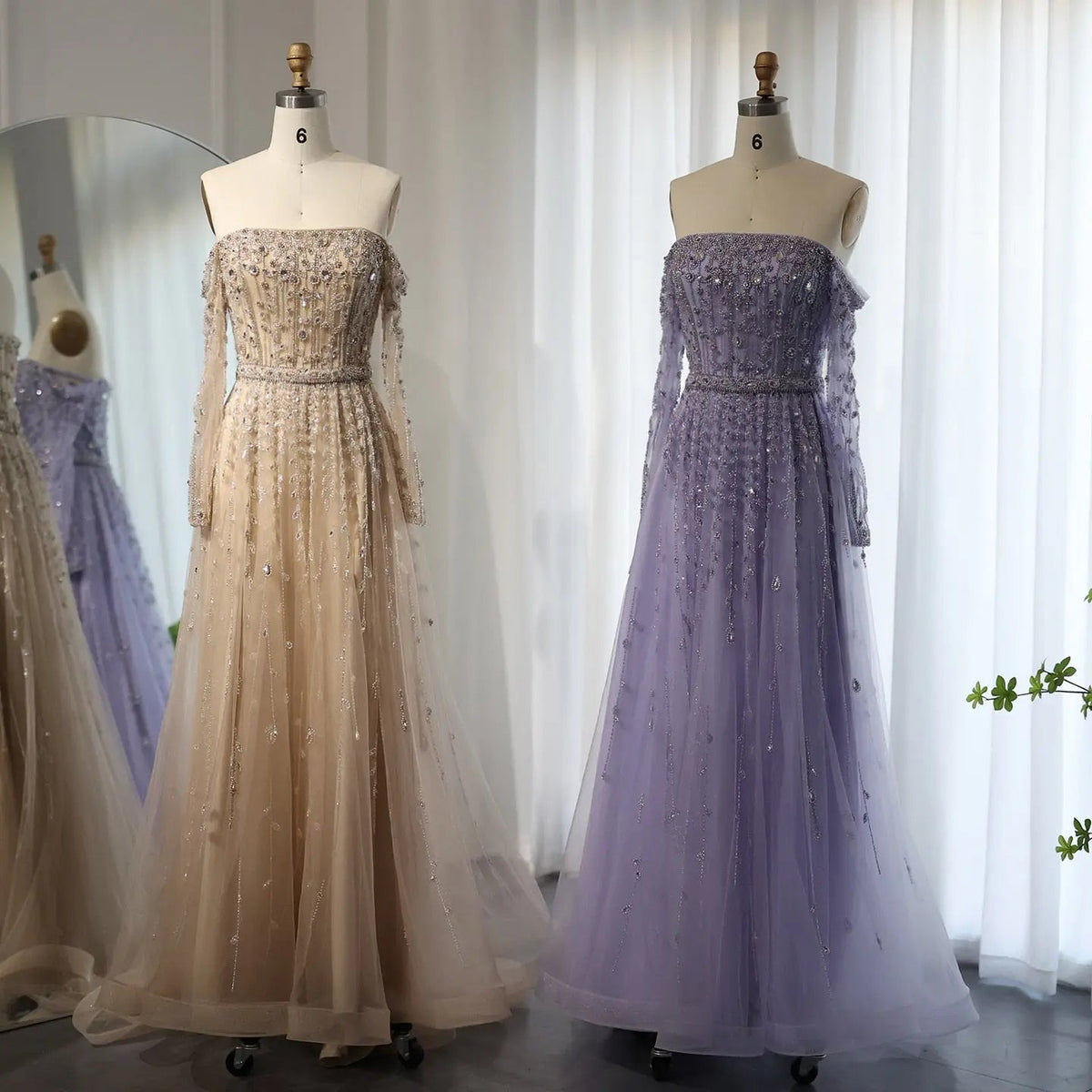 Luxury Nude Off Shoulder Long Sleeves Evening Dress SS489