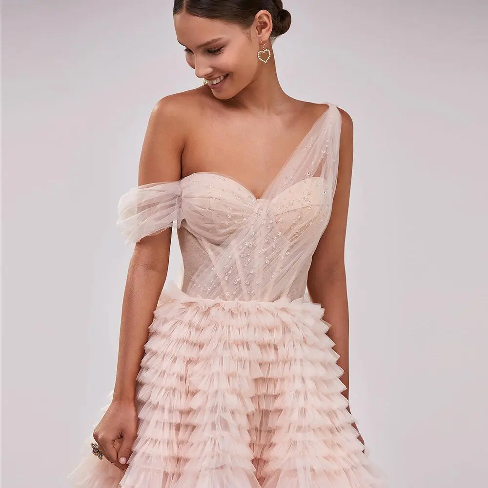 Luxury Pink One Shoulder Evening Dress SS550
