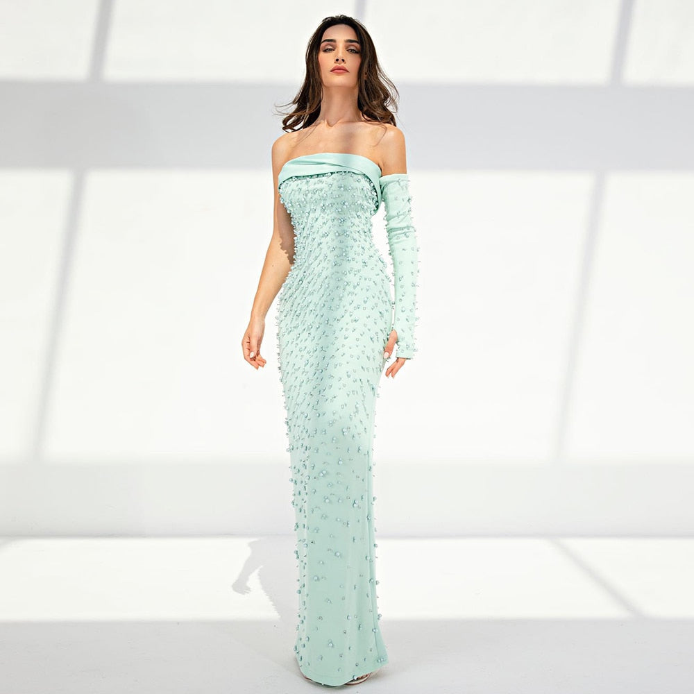 Luxury Pearls Turquoise Satin Evening Dresses with Cape SS378