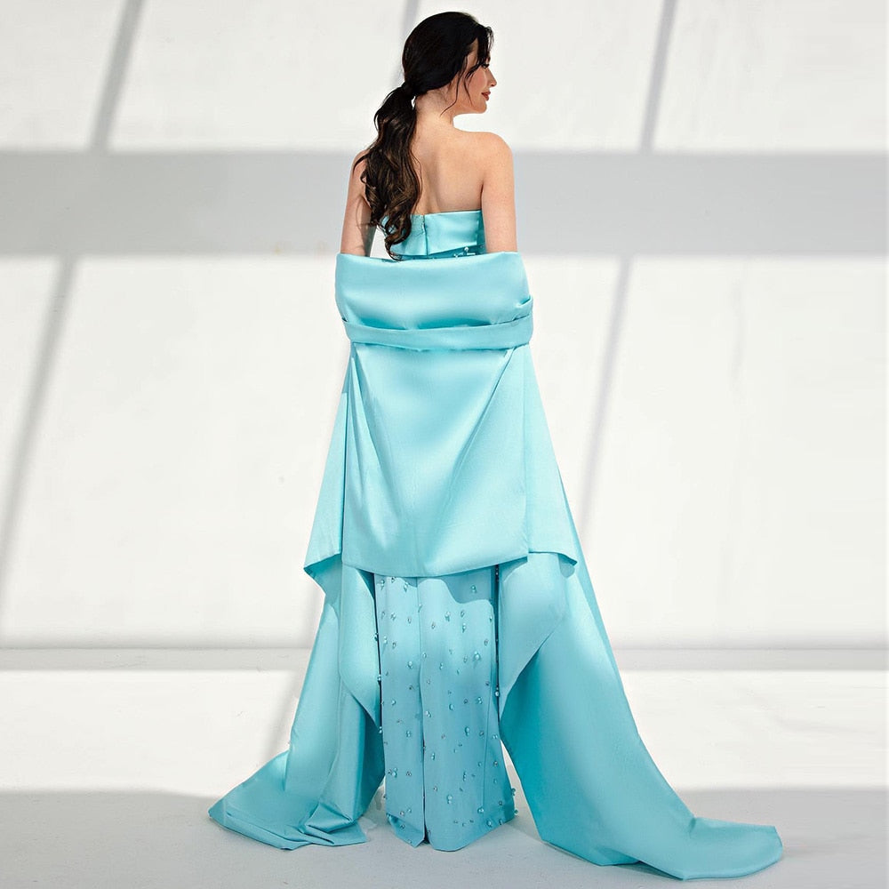 Luxury Pearls Turquoise Satin Evening Dresses with Cape SS378