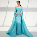 Luxury Pearls Turquoise Satin Evening Dresses with Cape SS378