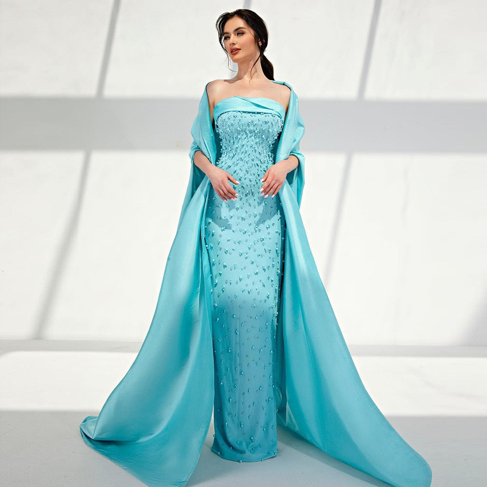 Luxury Pearls Turquoise Satin Evening Dresses with Cape SS378