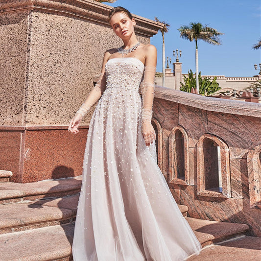 Luxury Pearls White Nude A-Line Evening Dresses with Gloves SS373