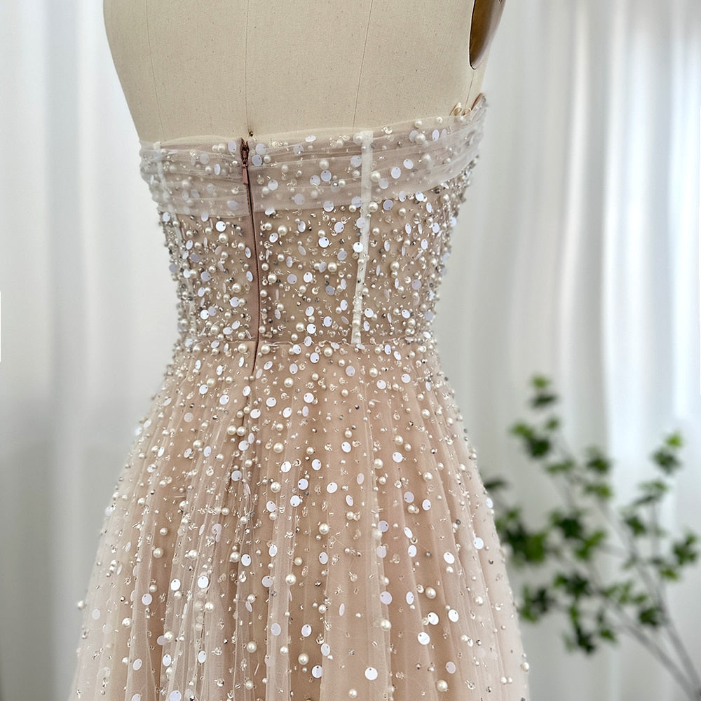 Luxury Pearls White Nude A-Line Evening Dresses with Gloves SS373