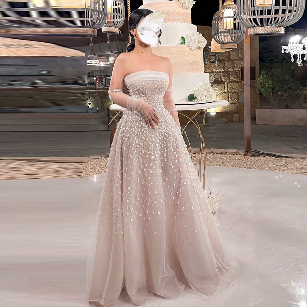 Luxury Pearls White Nude A-Line Evening Dresses with Gloves SS373