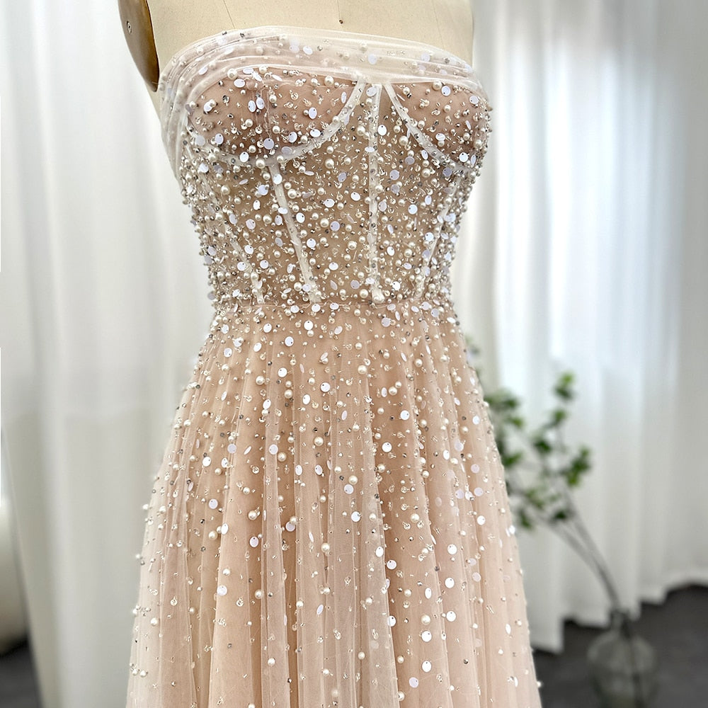 Luxury Pearls White Nude A-Line Evening Dresses with Gloves SS373