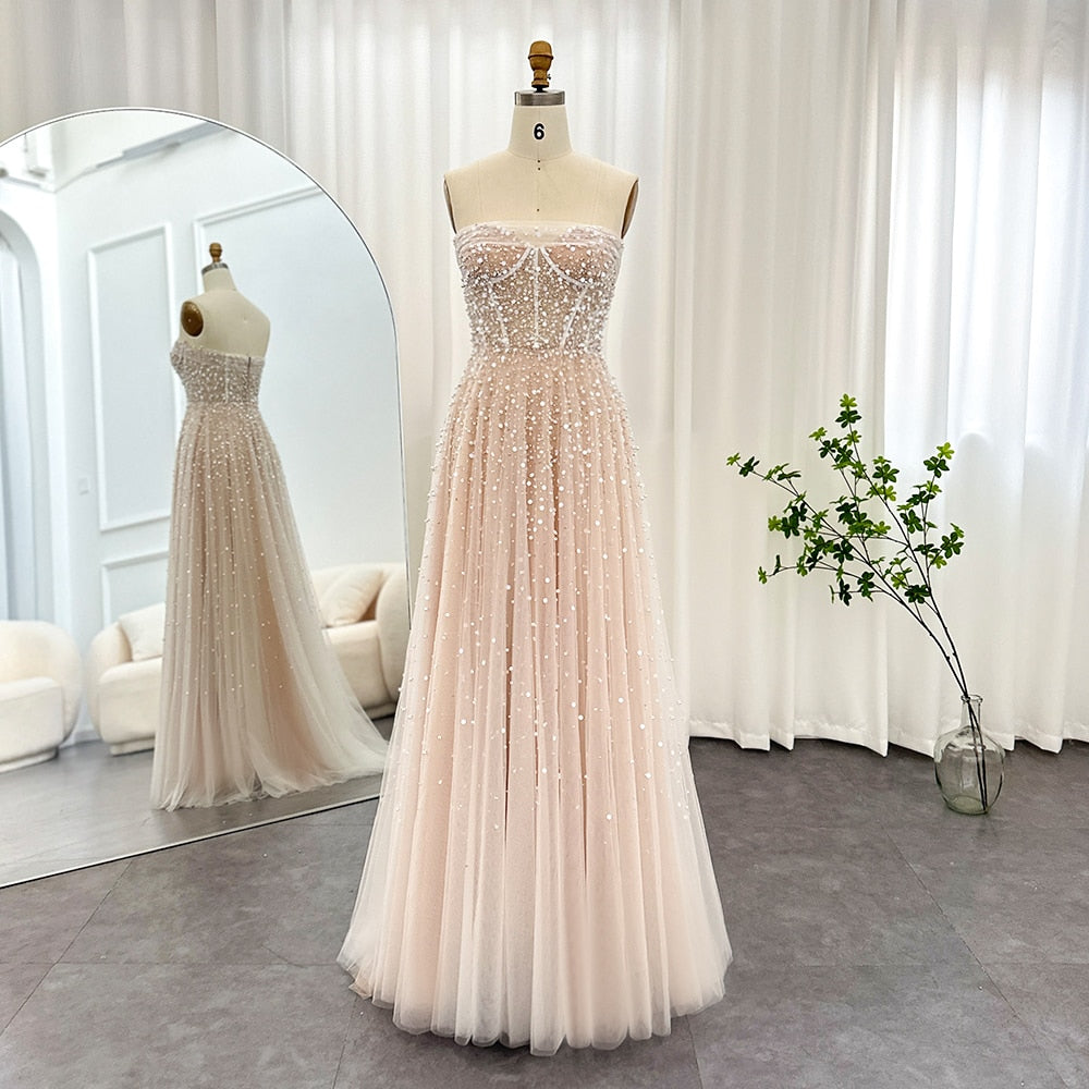 Luxury Pearls White Nude A-Line Evening Dresses with Gloves SS373