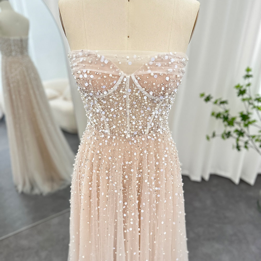 Luxury Pearls White Nude A-Line Evening Dresses with Gloves SS373