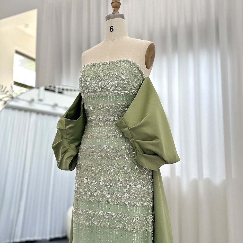 Luxury Beaded Sage Green Evening Dresses with Cape SS238
