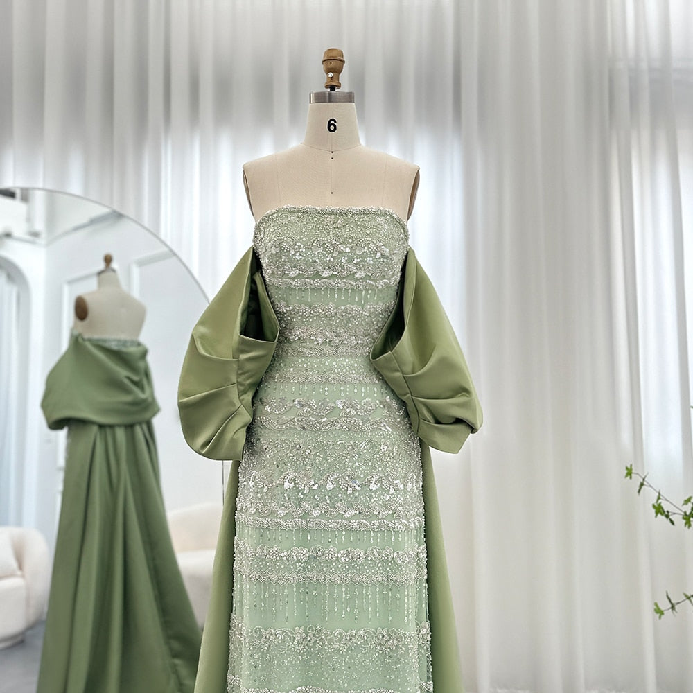 Luxury Beaded Sage Green Evening Dresses with Cape SS238