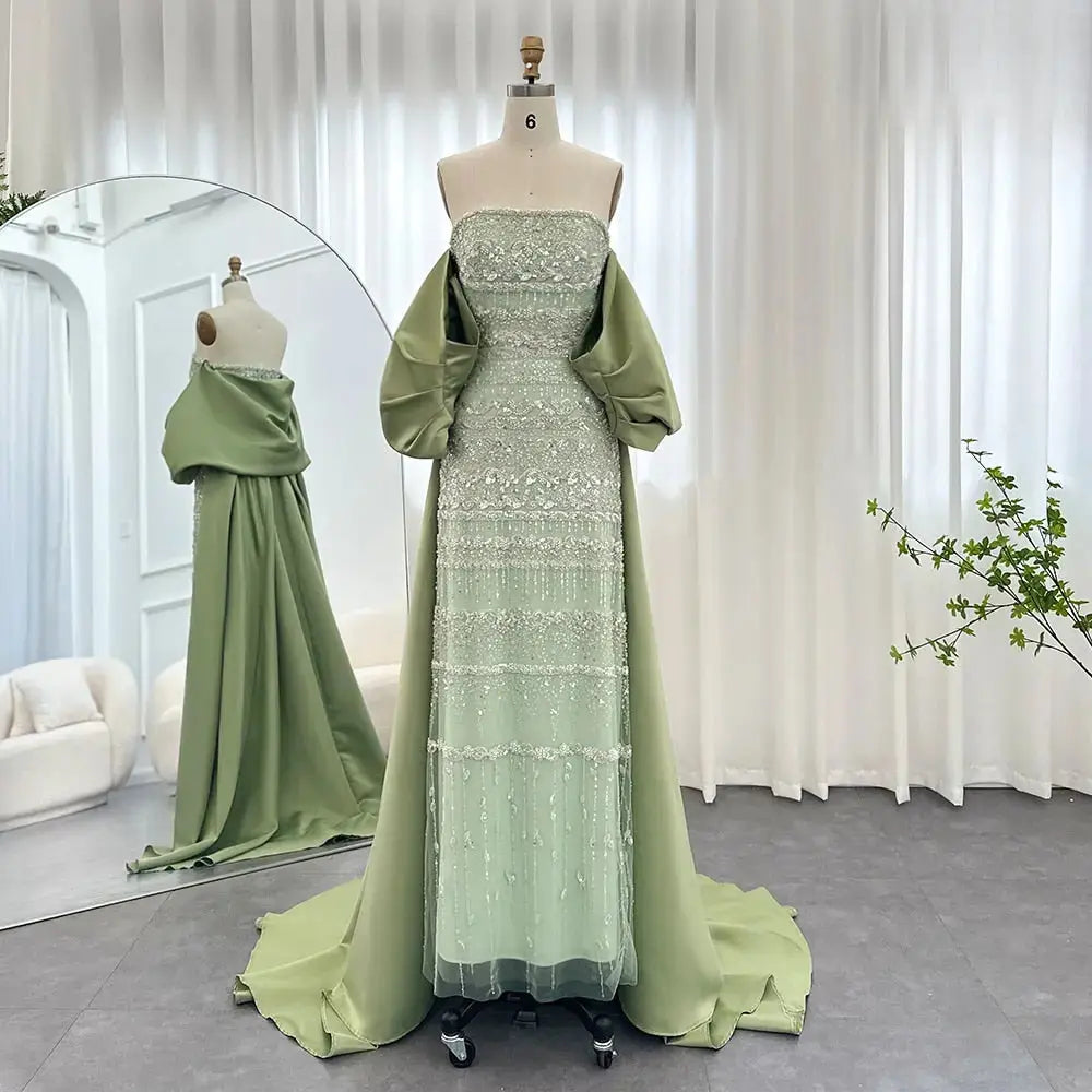 Luxury Sage Green Beaded Evening Dress with Cape SS238