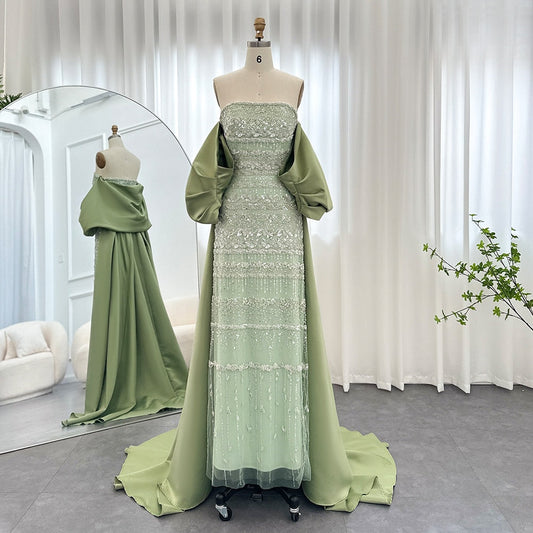 Luxury Beaded Sage Green Evening Dresses with Cape SS238