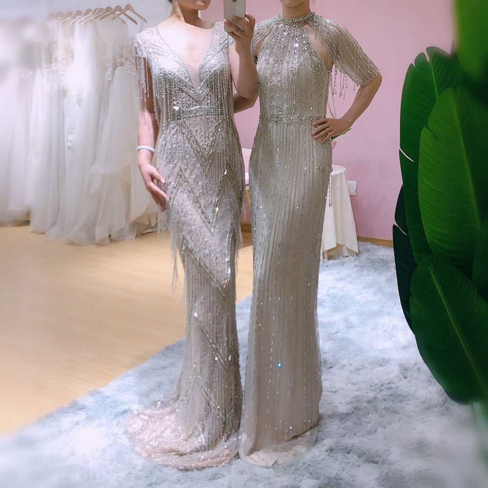 Luxury Tassel Silver V-Neck Long Mermaid Evening Dress SS029L
