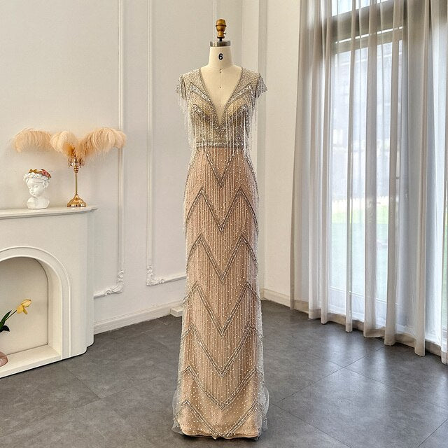 Luxury Tassel Silver V-Neck Long Mermaid Evening Dress SS029L