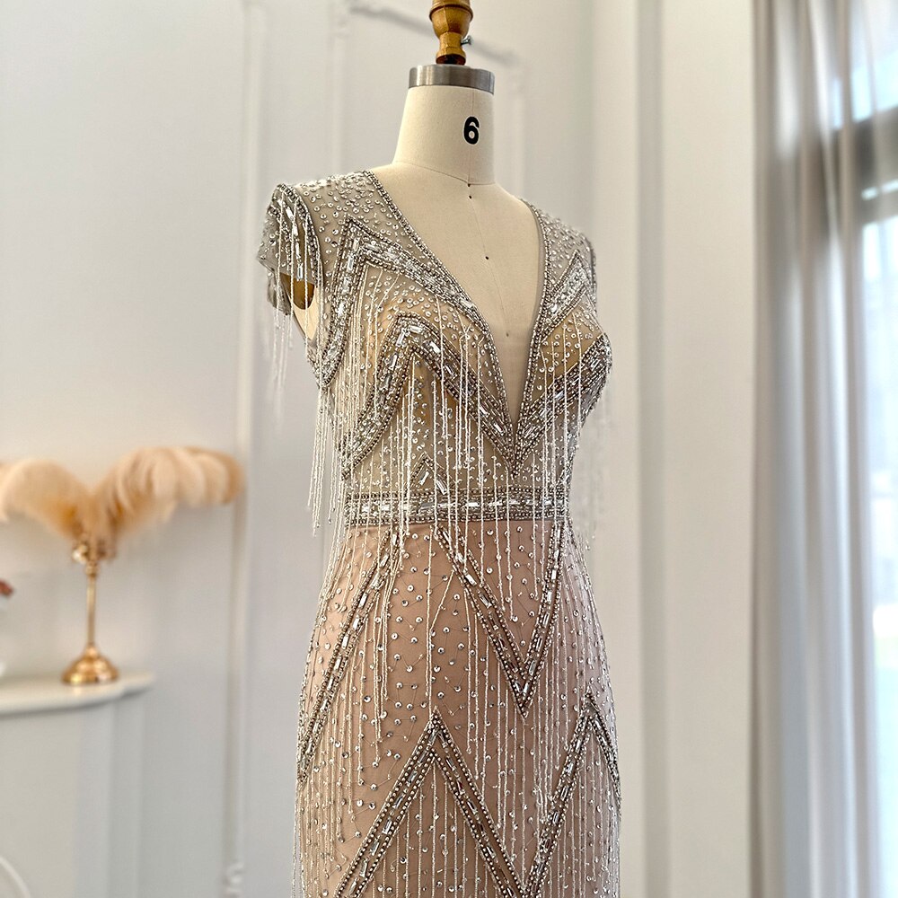 Luxury Tassel Silver V-Neck Long Mermaid Evening Dress SS029L