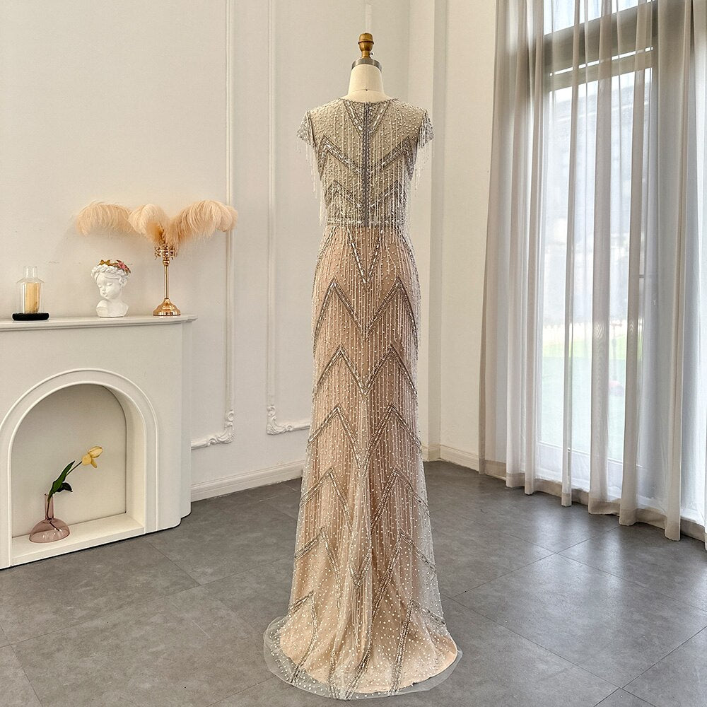 Luxury Tassel Silver V-Neck Long Mermaid Evening Dress SS029L