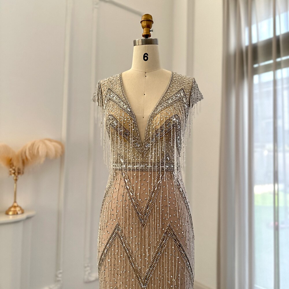 Luxury Tassel Silver V-Neck Long Mermaid Evening Dress SS029L