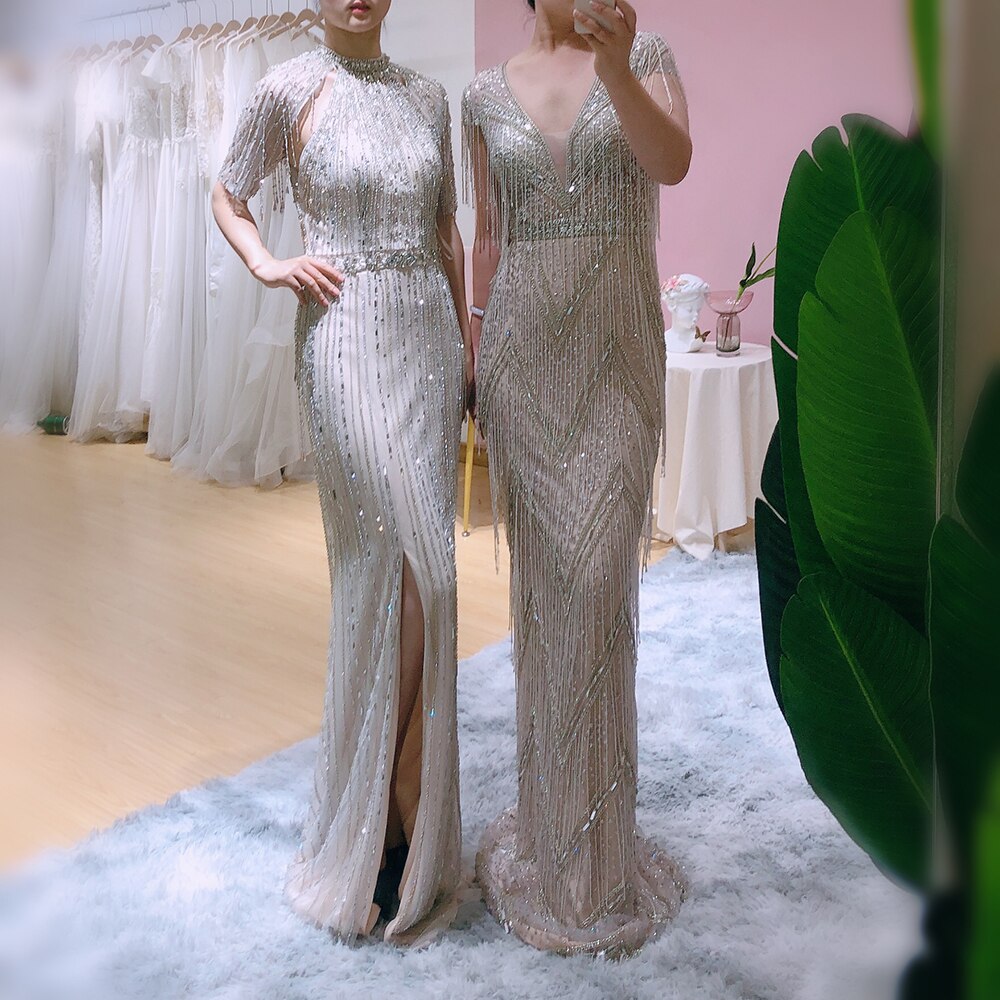 Luxury Tassel Silver V-Neck Long Mermaid Evening Dress SS029L