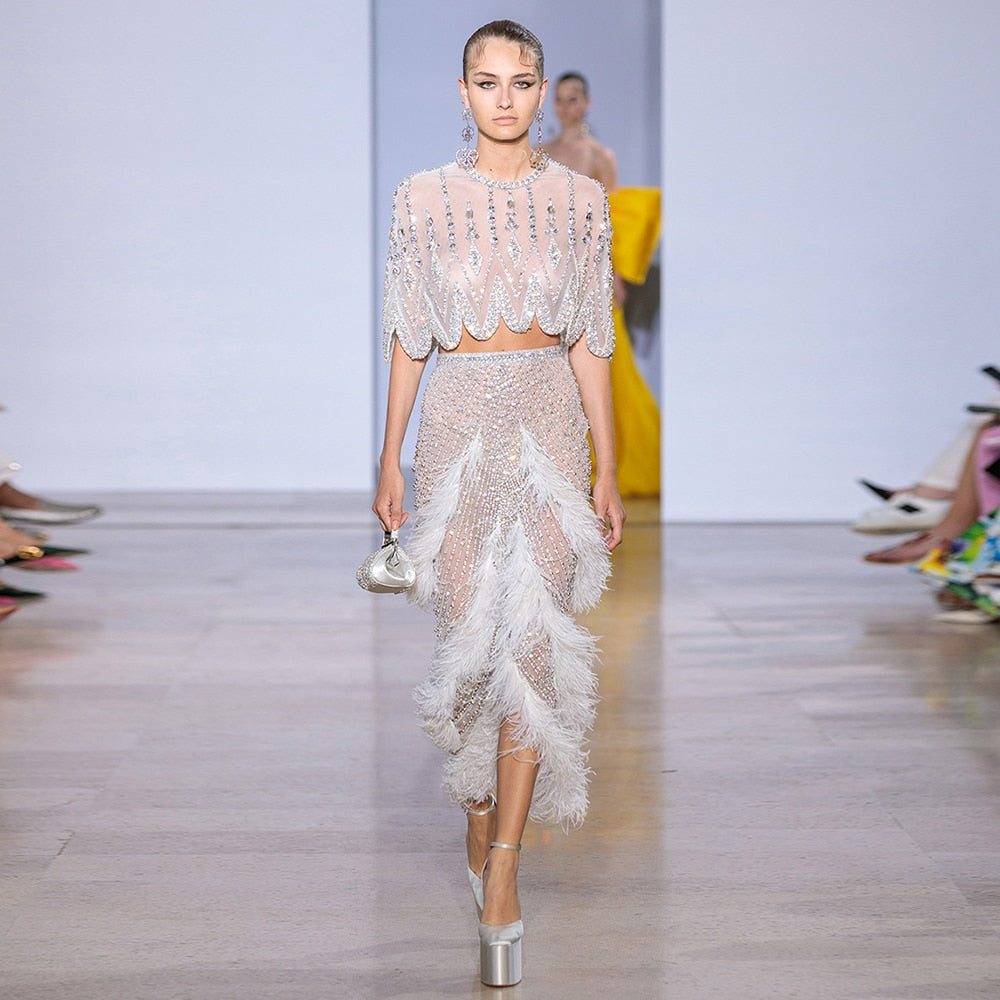 Luxury Beaded White Feathers 2 Pieces Evening Dress SS363