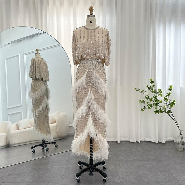 Luxury Beaded White Feathers 2 Pieces Evening Dress SS363