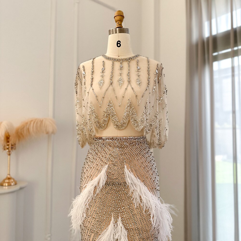 Luxury Beaded White Feathers 2 Pieces Evening Dress SS363