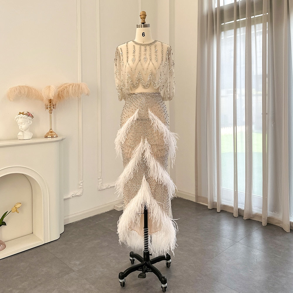 Luxury Beaded White Feathers 2 Pieces Evening Dress SS363