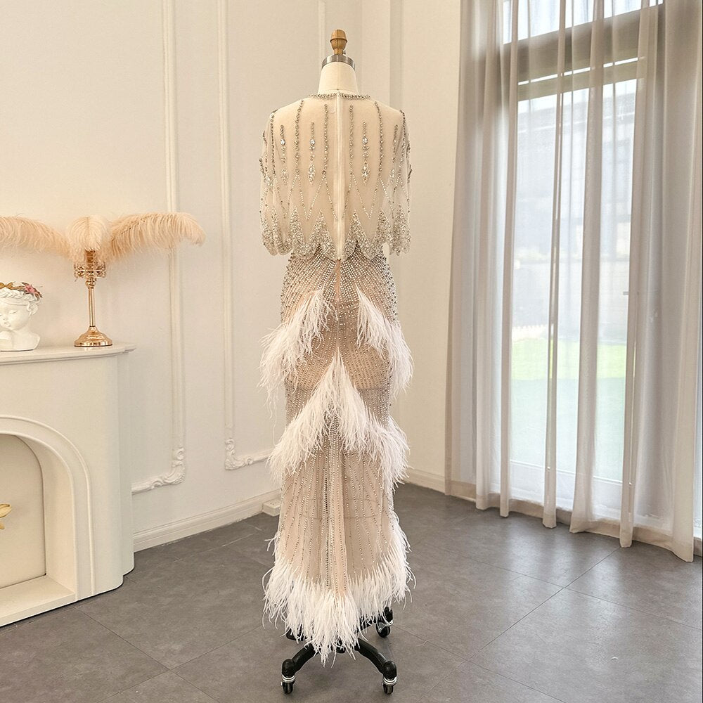 Luxury Beaded White Feathers 2 Pieces Evening Dress SS363