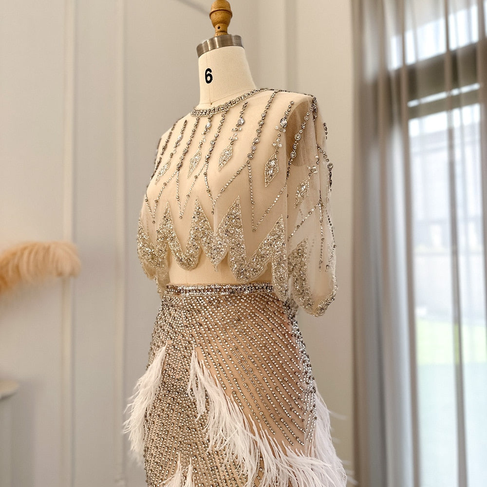 Luxury Beaded White Feathers 2 Pieces Evening Dress SS363