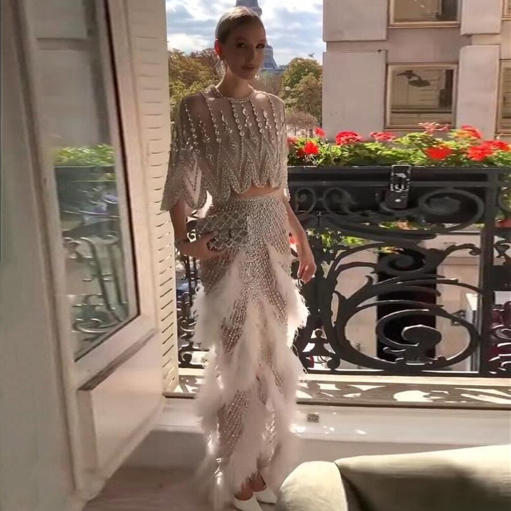 Luxury Beaded White Feathers 2 Pieces Evening Dress SS363