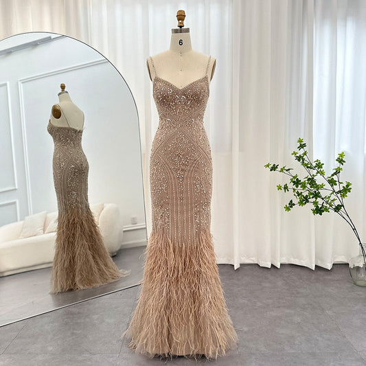 Luxury Feathers Champagne Beaded Mermaid Evening Dress SS171