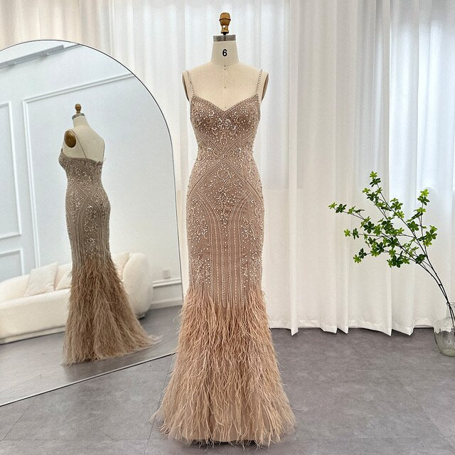 Luxury Feathers Champagne Beaded Mermaid Evening Dress SS171
