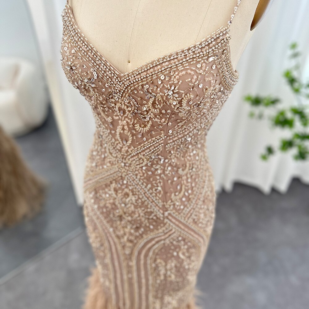 Luxury Feathers Champagne Beaded Mermaid Evening Dress SS171