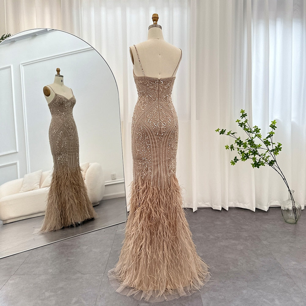 Luxury Feathers Champagne Beaded Mermaid Evening Dress SS171