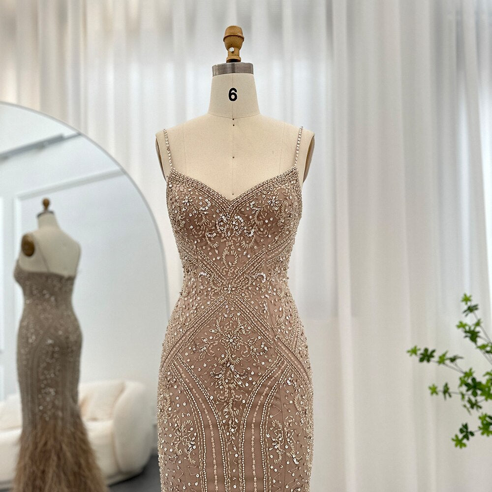 Luxury Feathers Champagne Beaded Mermaid Evening Dress SS171