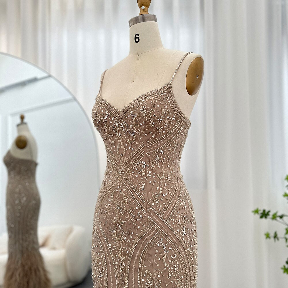 Luxury Feathers Champagne Beaded Mermaid Evening Dress SS171