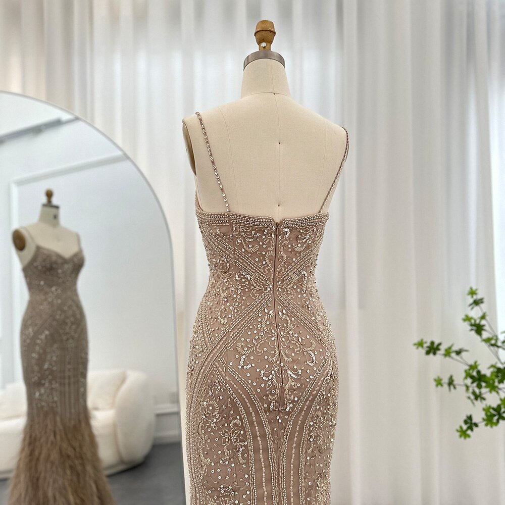 Luxury Feathers Champagne Beaded Mermaid Evening Dress SS171