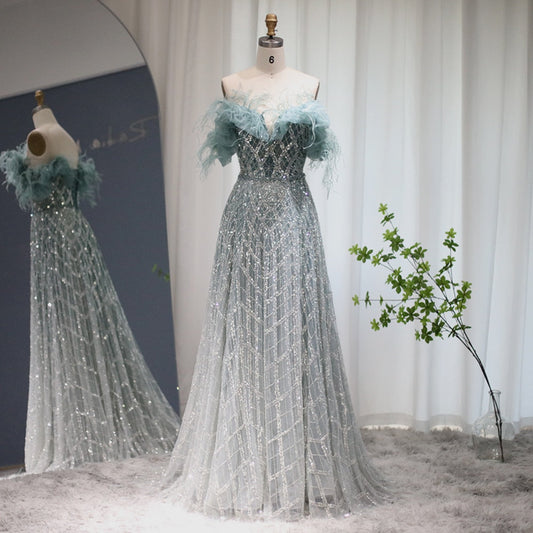 Luxury Feathers Green Off Shoulder Evening Dresses with Sequin SS303