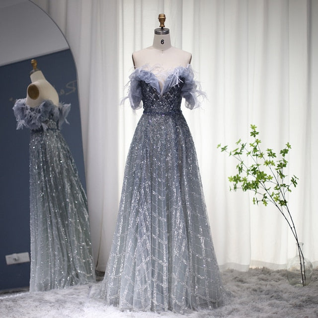Luxury Feathers Green Off Shoulder Evening Dresses with Sequin SS303