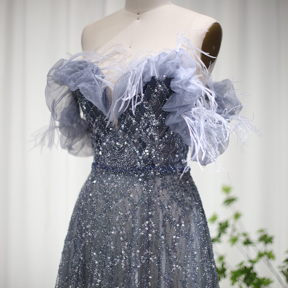Luxury Feathers Green Off Shoulder Evening Dresses with Sequin SS303