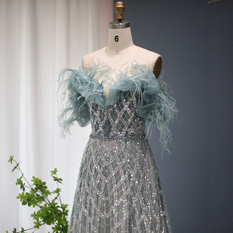 Luxury Feathers Green Off Shoulder Evening Dresses with Sequin SS303