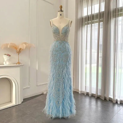 Luxury Feathers Champagne Spaghetti Evening Dress SS374