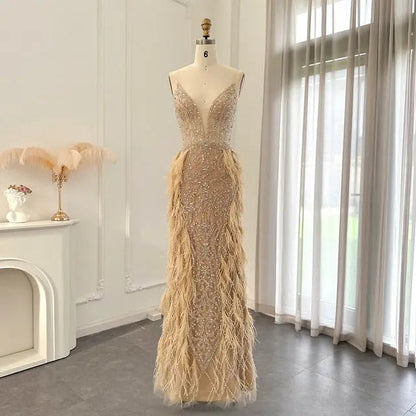 Luxury Feathers Champagne Spaghetti Evening Dress SS374