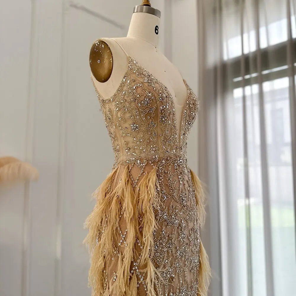 Luxury Feathers Champagne Spaghetti Evening Dress SS374