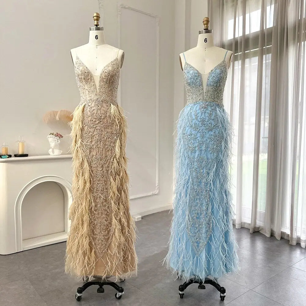 Luxury Feathers Champagne Spaghetti Evening Dress SS374