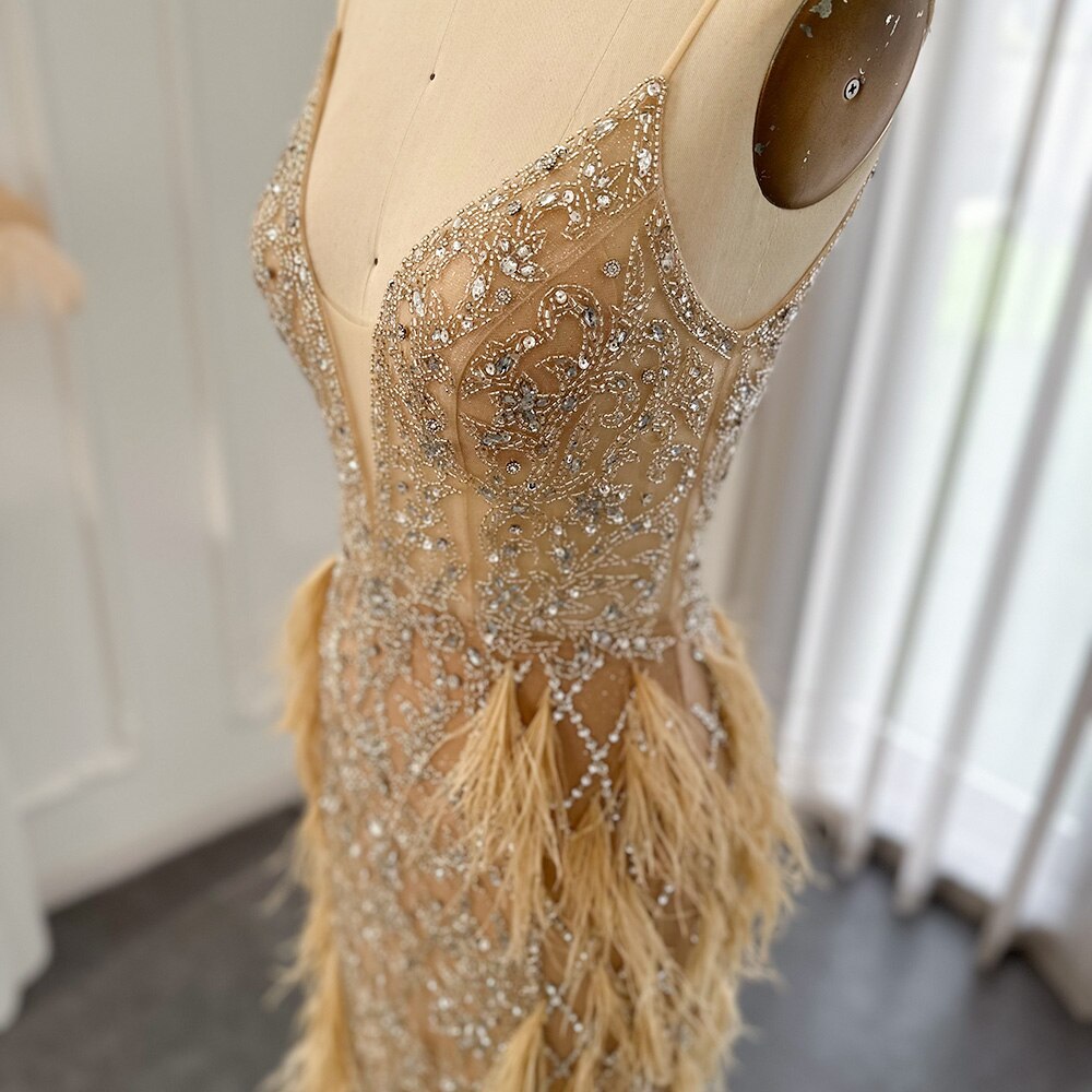 Luxury Feathers Champagne V-Neck Mermaid Evening Dress SS374