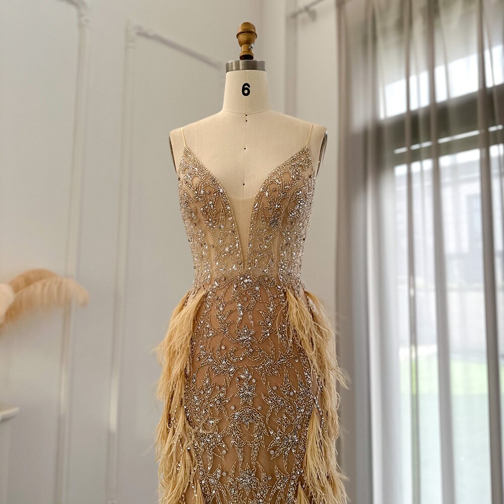 Luxury Feathers Champagne V-Neck Mermaid Evening Dress SS374