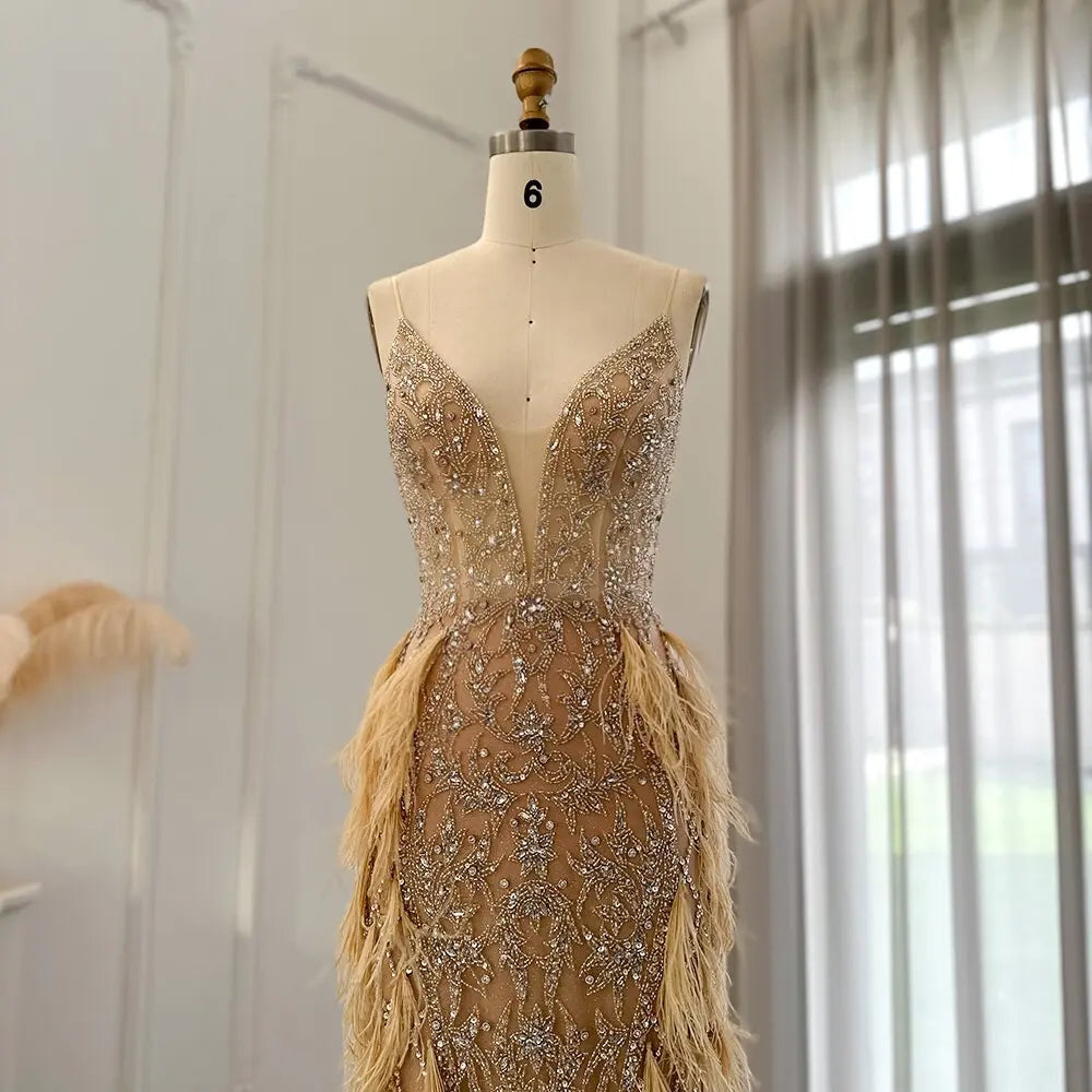 Luxury Feathers Champagne Spaghetti Evening Dress SS374