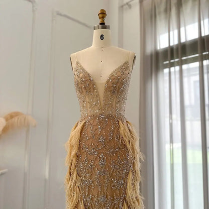 Luxury Feathers Champagne Spaghetti Evening Dress SS374